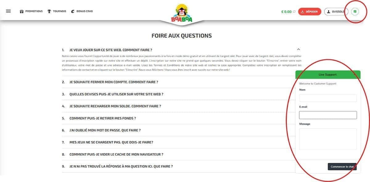 Service client Boaboa Casino
