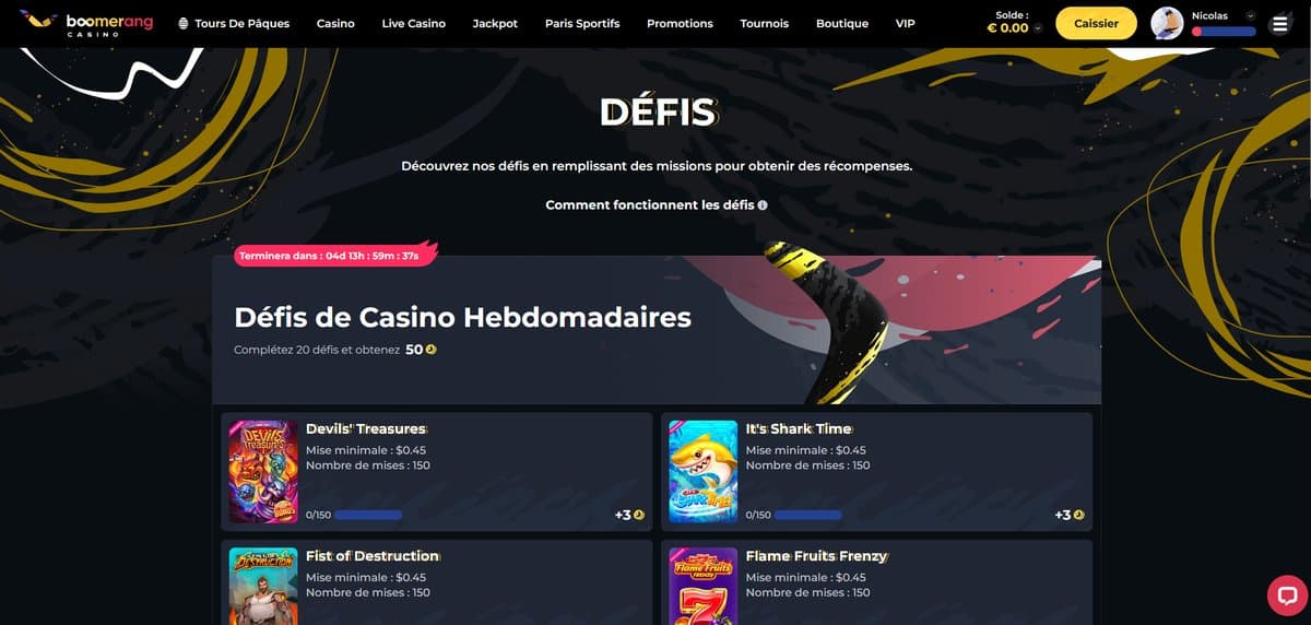 Défis Boomerang Casino