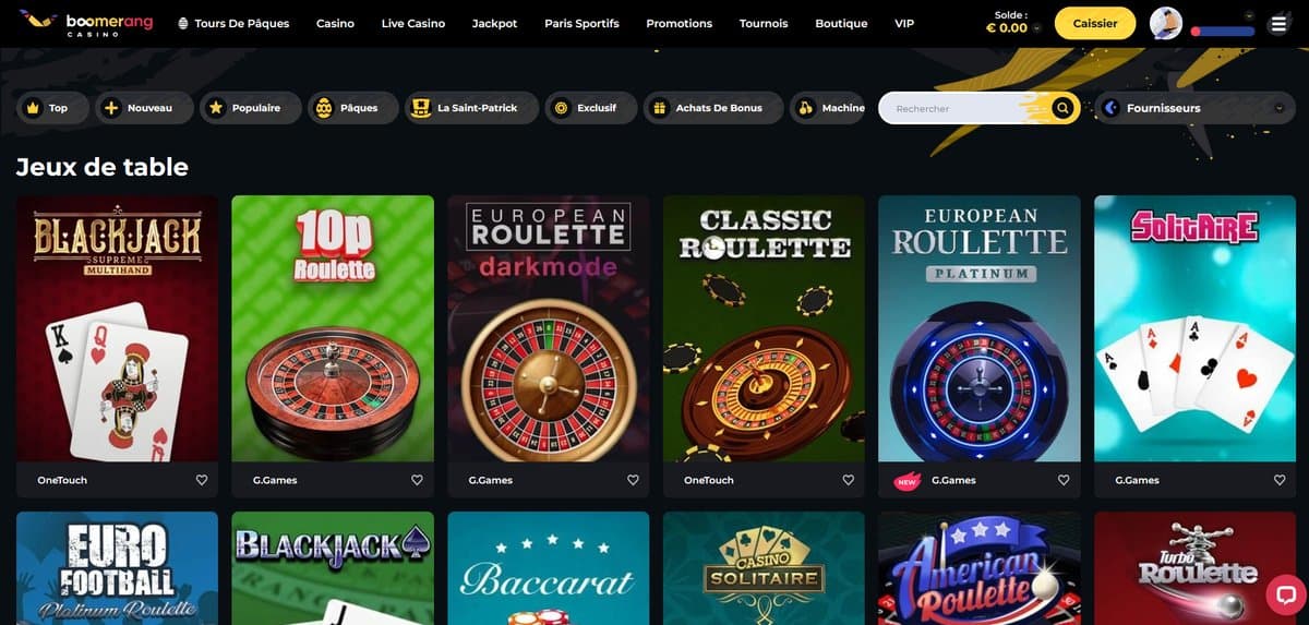 Jeux de table Boomerang Casino