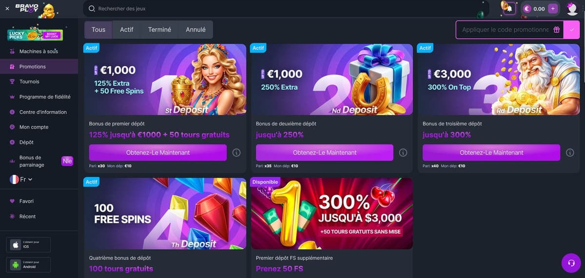 Pack de bienvenue BravoPlay Casino