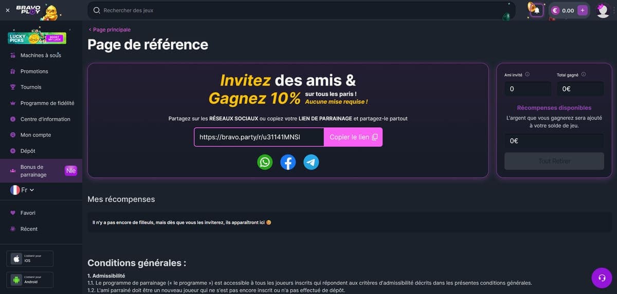 Parrainage BravoPlay Casino