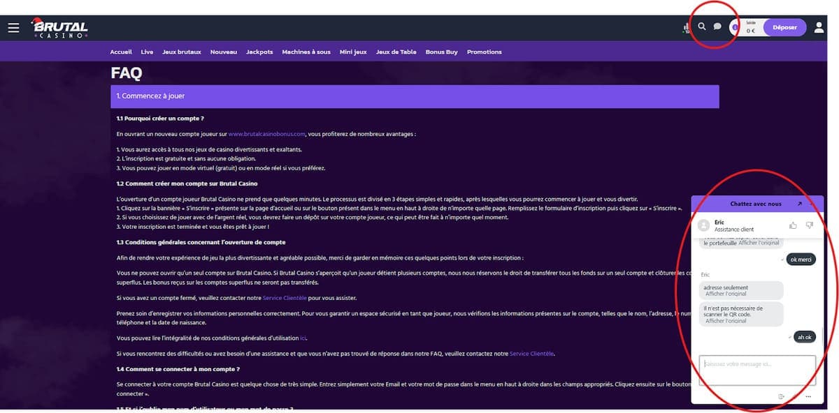 Service client Brutal Casino