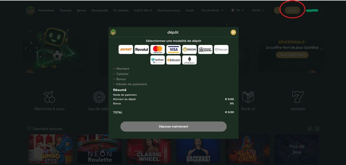 Dépôt CashBox Casino