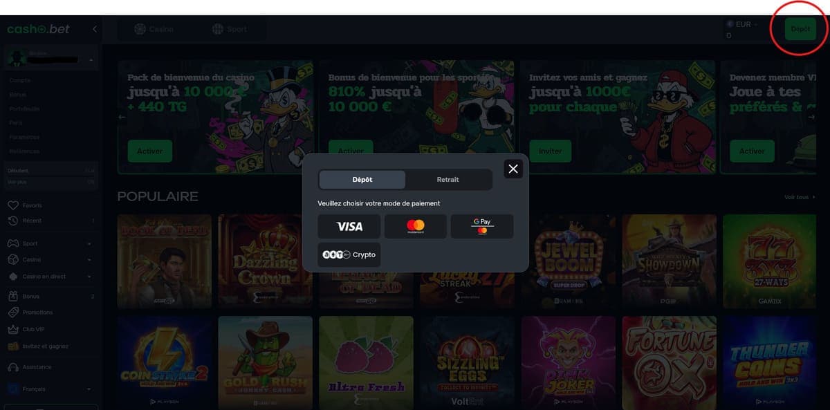 Dépôt Cashobet Casino