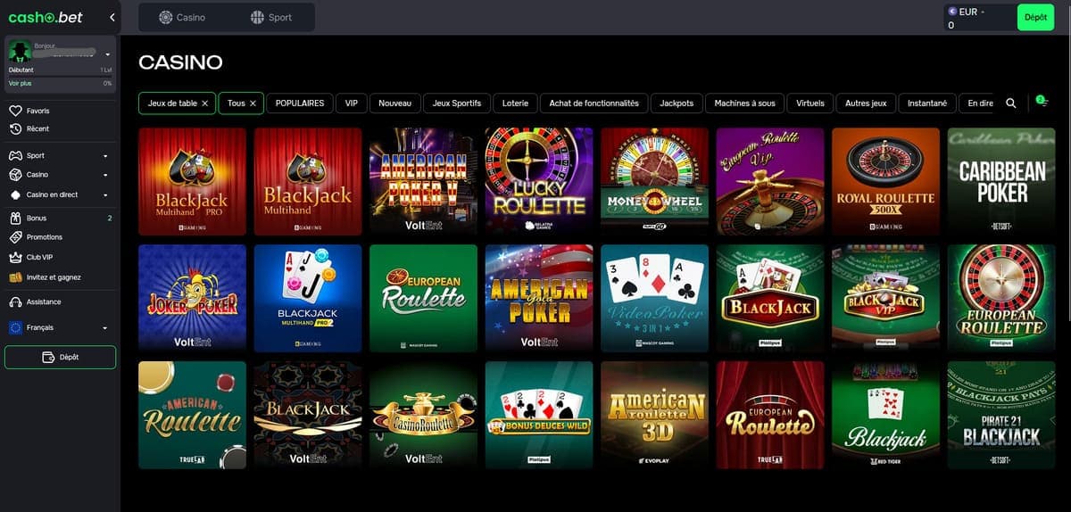 Jeux de table Cashobet Casino