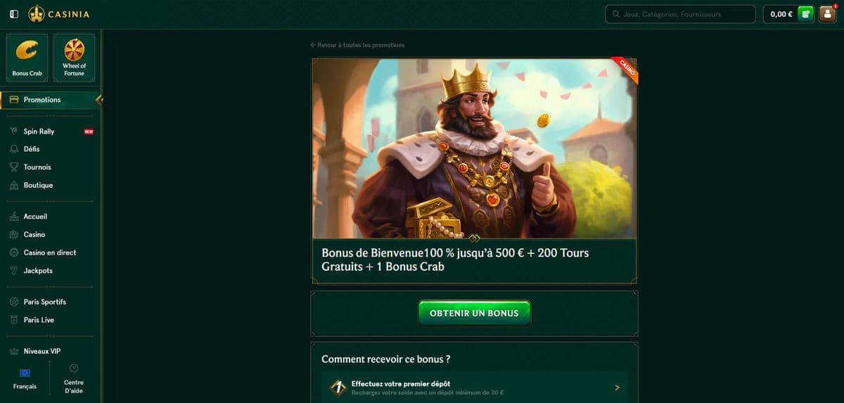 Bonus de bienvenue Casinia Casino