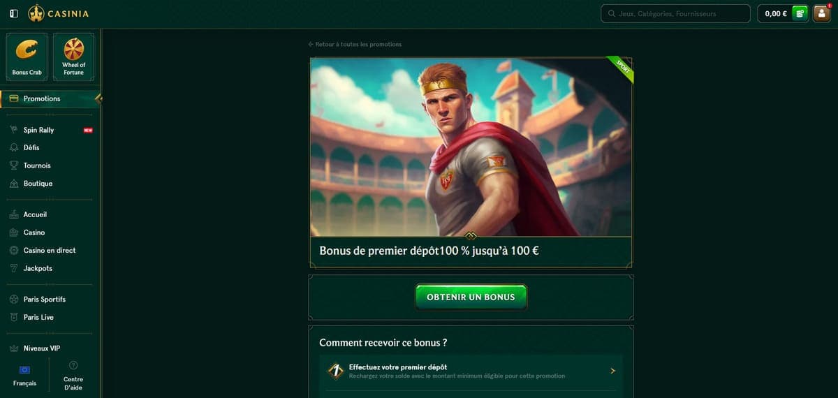 Bonus premier dépôt Casinia Casino