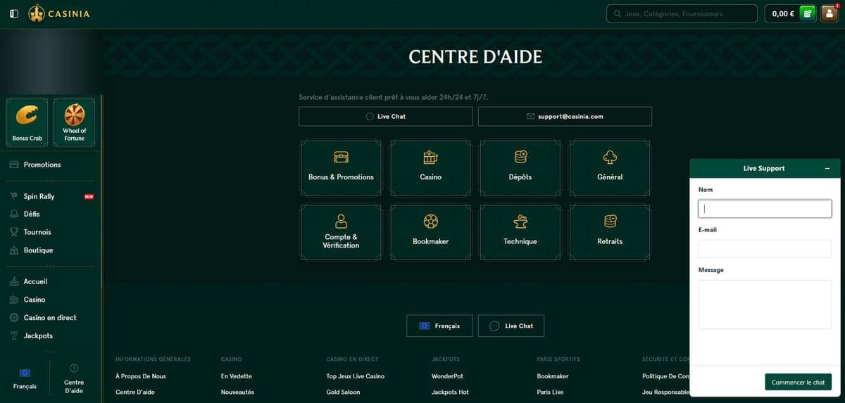 Service client Casinia Casino