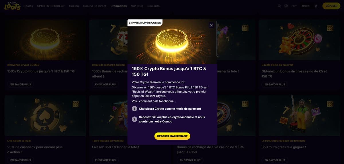 Bonus bienvenue crypto CasinoLoots Casino