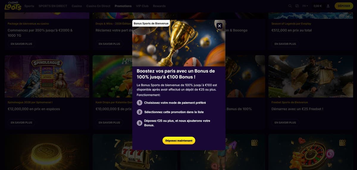 Bonus bienvenue sport CasinoLoots Casino