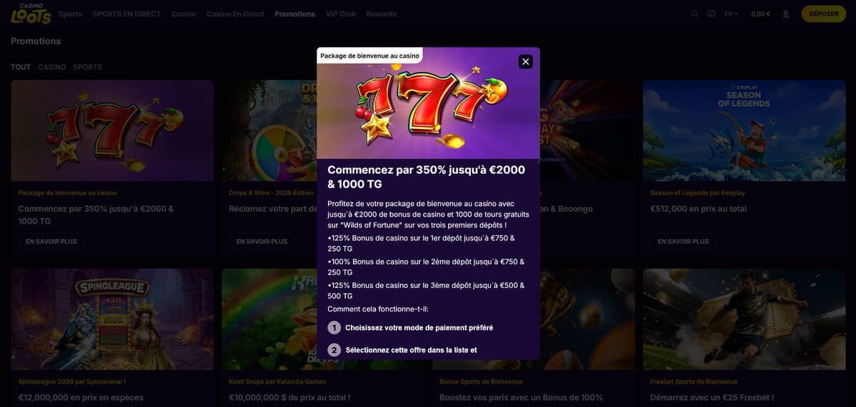 Package bienvenue CasinoLoots Casino