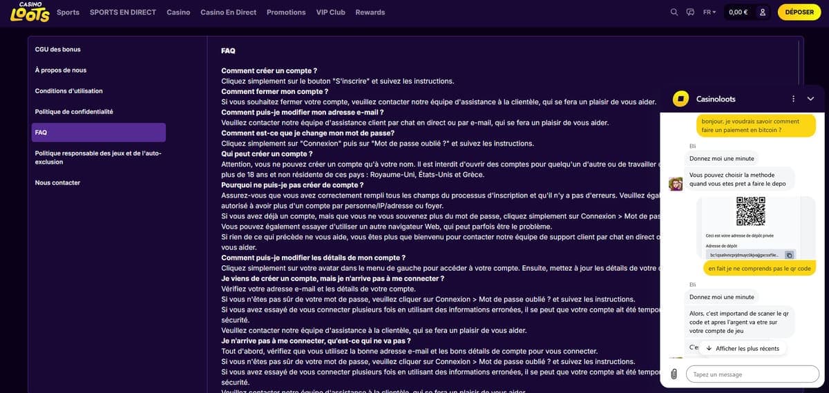 Service client CasinoLoots Casino