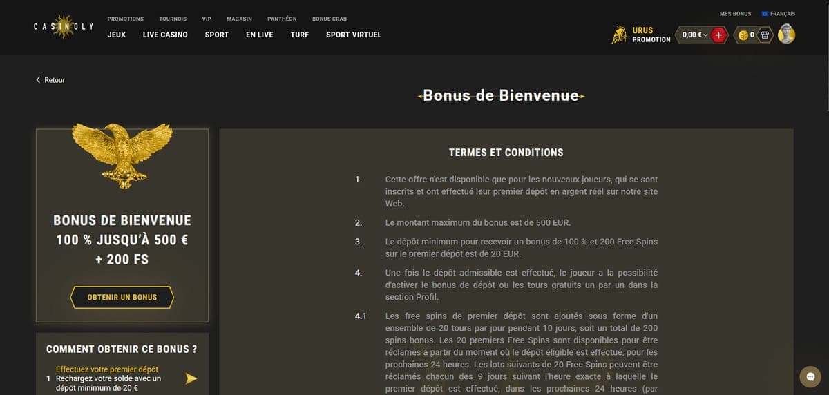 Bonus de bienvenue Casinoly Casino