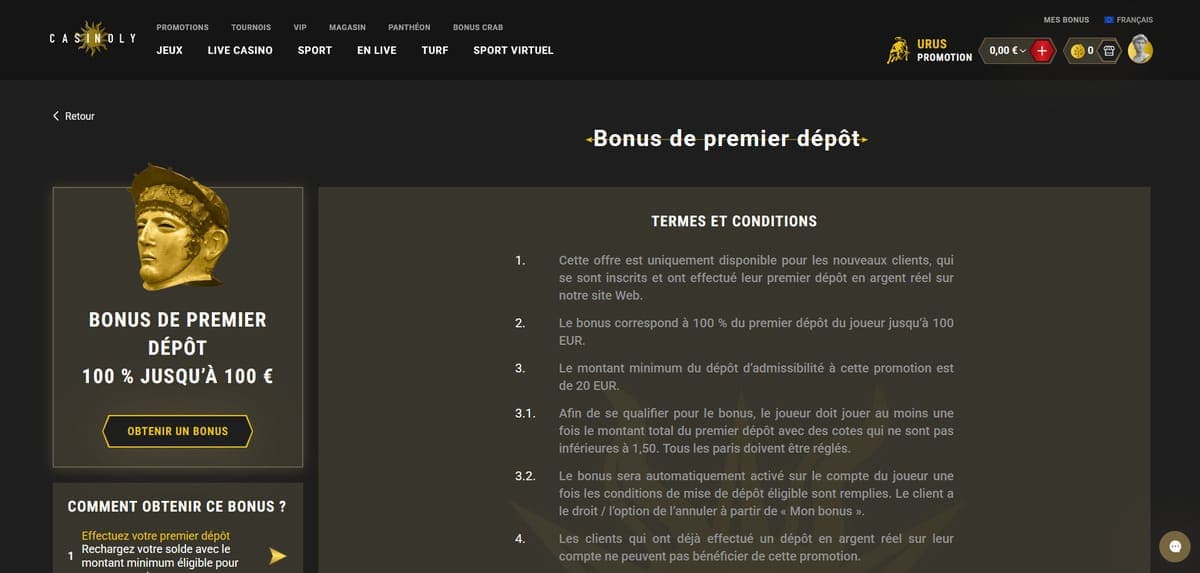 Bonus premier dépôt Casinoly Casino