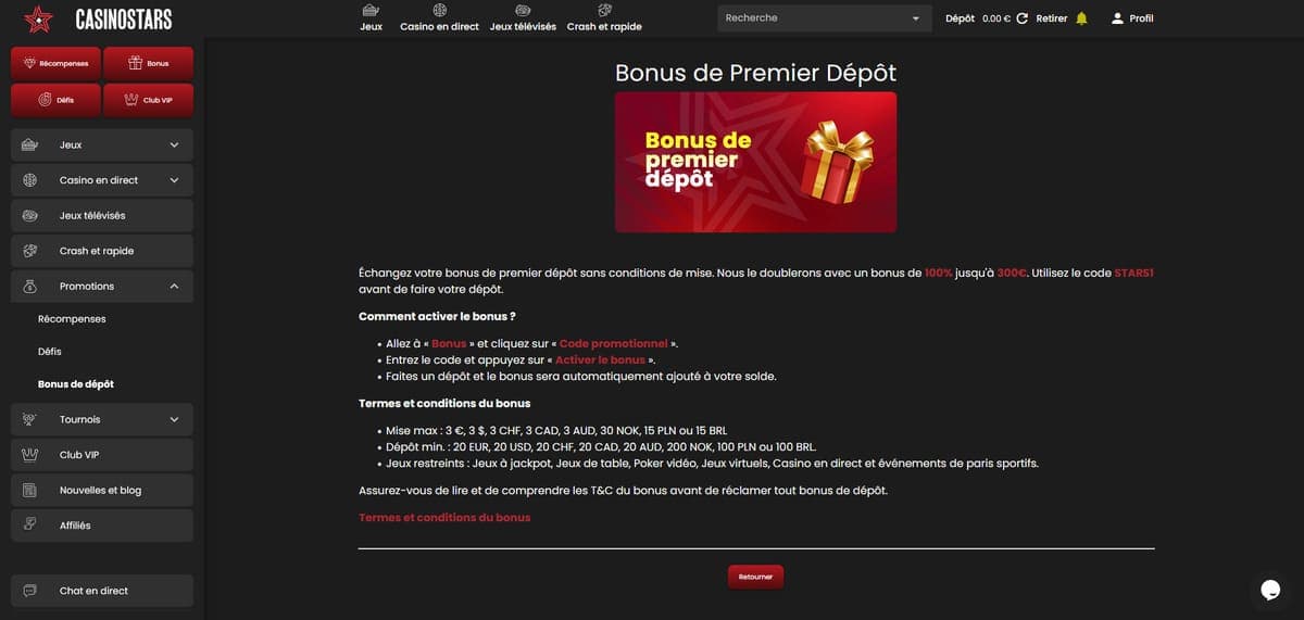 Bonus bienvenue Casinostars Casino