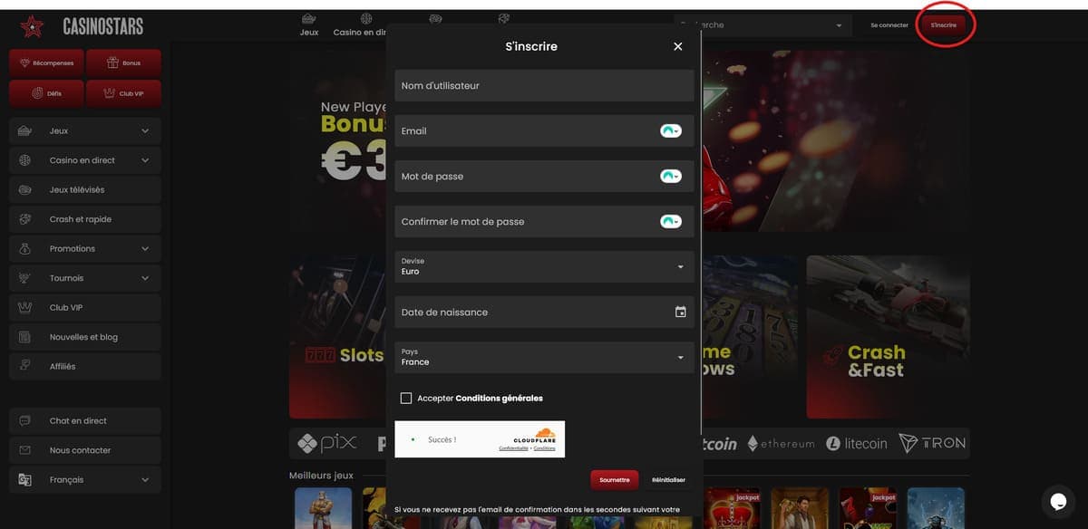 Inscription Casinostars Casino