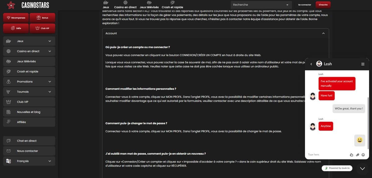 Support client Casinostars Casino