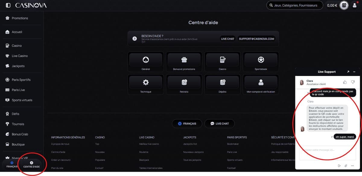 Centre d'aide Casinova Casino