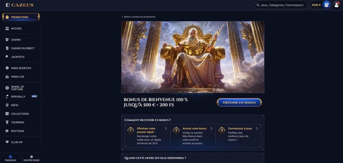 Bonus bienvenue Cazeus Casino