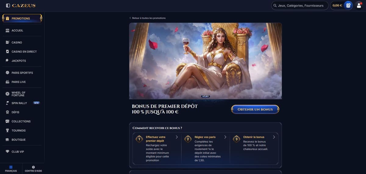Bonus premier dépôt Cazeus Casino