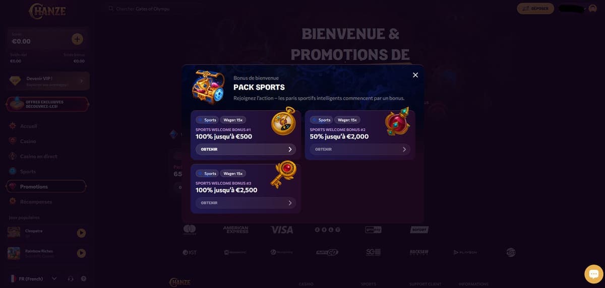 Bonus paris sportifs Chanze Casino