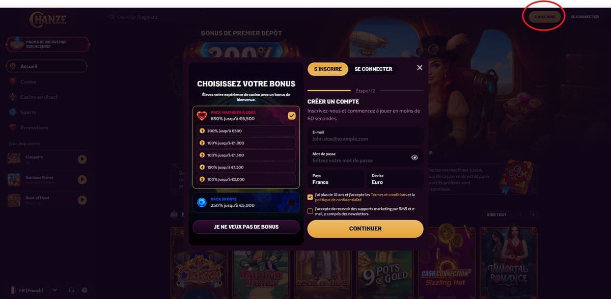 Inscription Chanze Casino