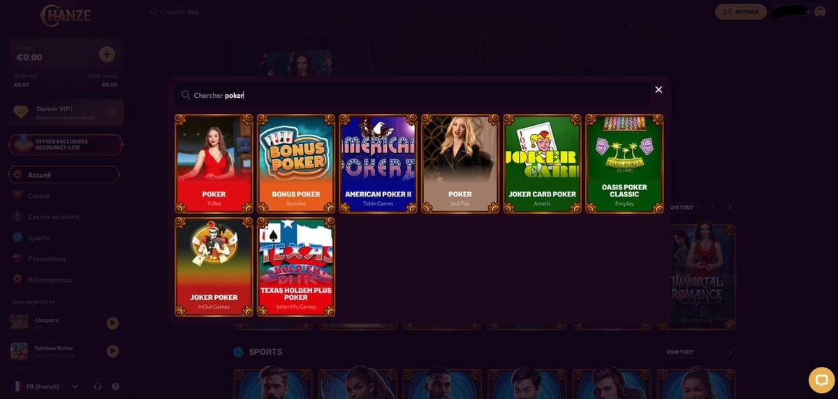 Jeux de table Chanze Casino