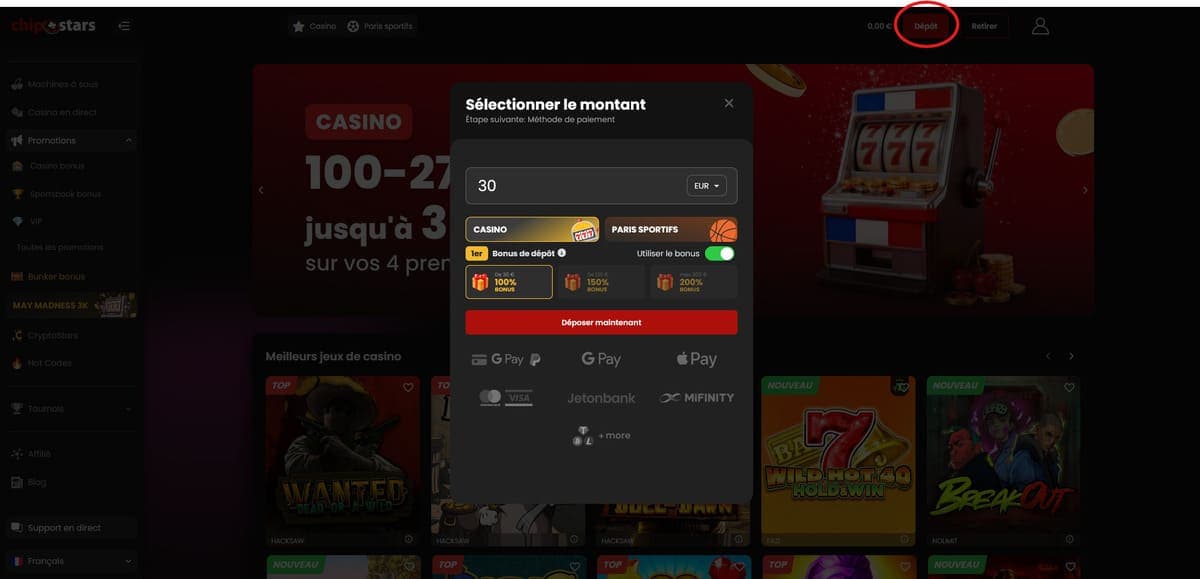 Achats ChipStars Casino