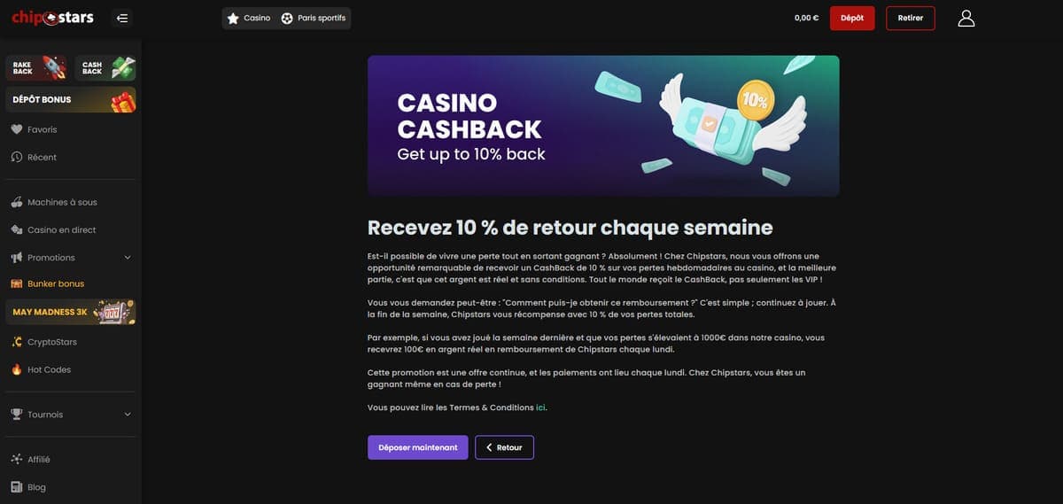 Cashback ChipStars Casino