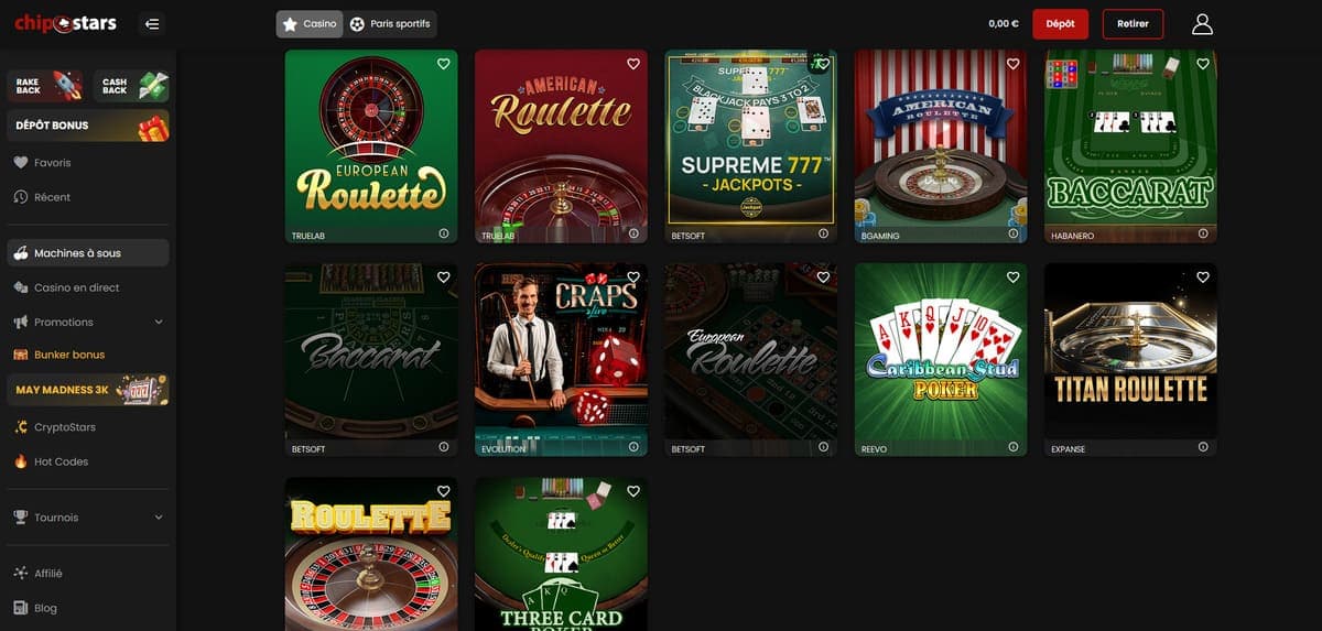 Jeux de table ChipStars Casino