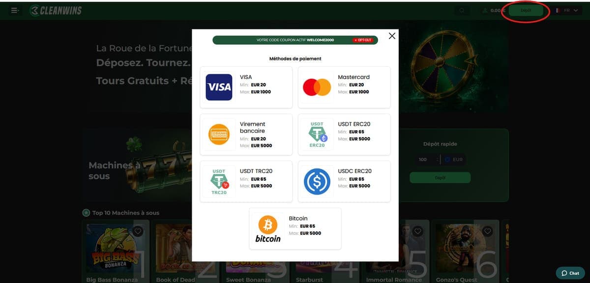 Dépôt CleanWins Casino