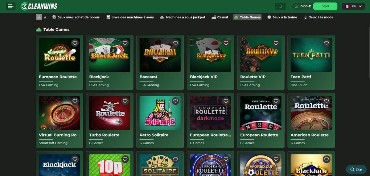 Jeux de table CleanWins Casino