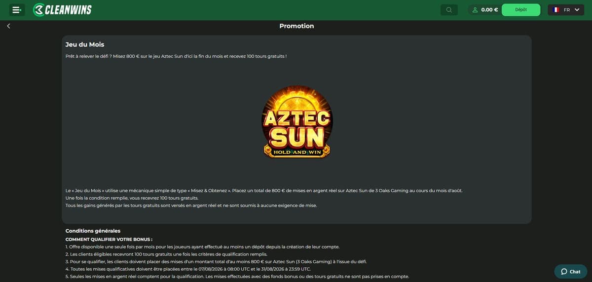 Offres ponctuelles CleanWins Casino