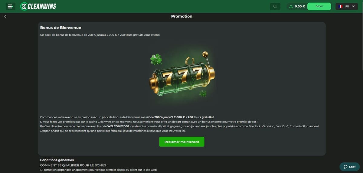 Pack bienvenue CleanWins Casino