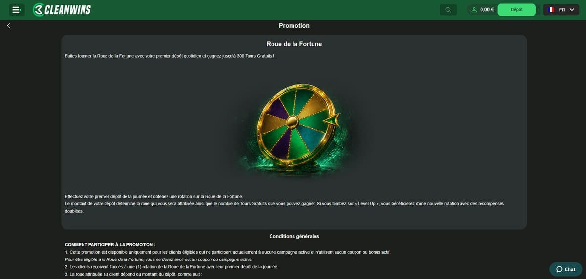 Roue de la fortune CleanWins Casino