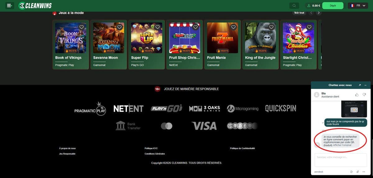 Support client CleanWins Casino