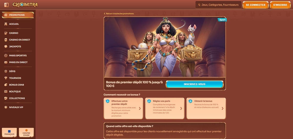 Bonus premier dépôt Cleobetra Casino