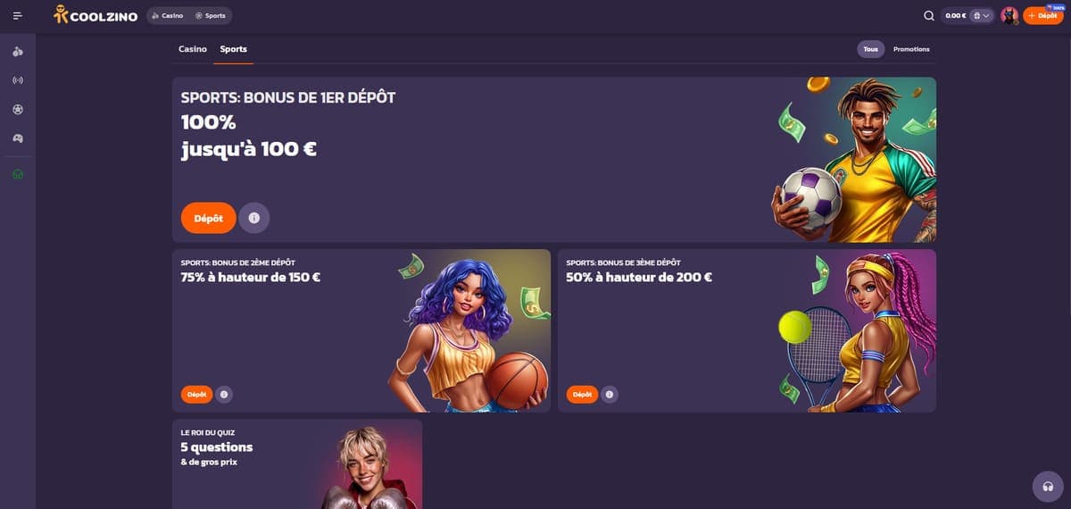 Bonus bienvenue sport Coolzino Casino