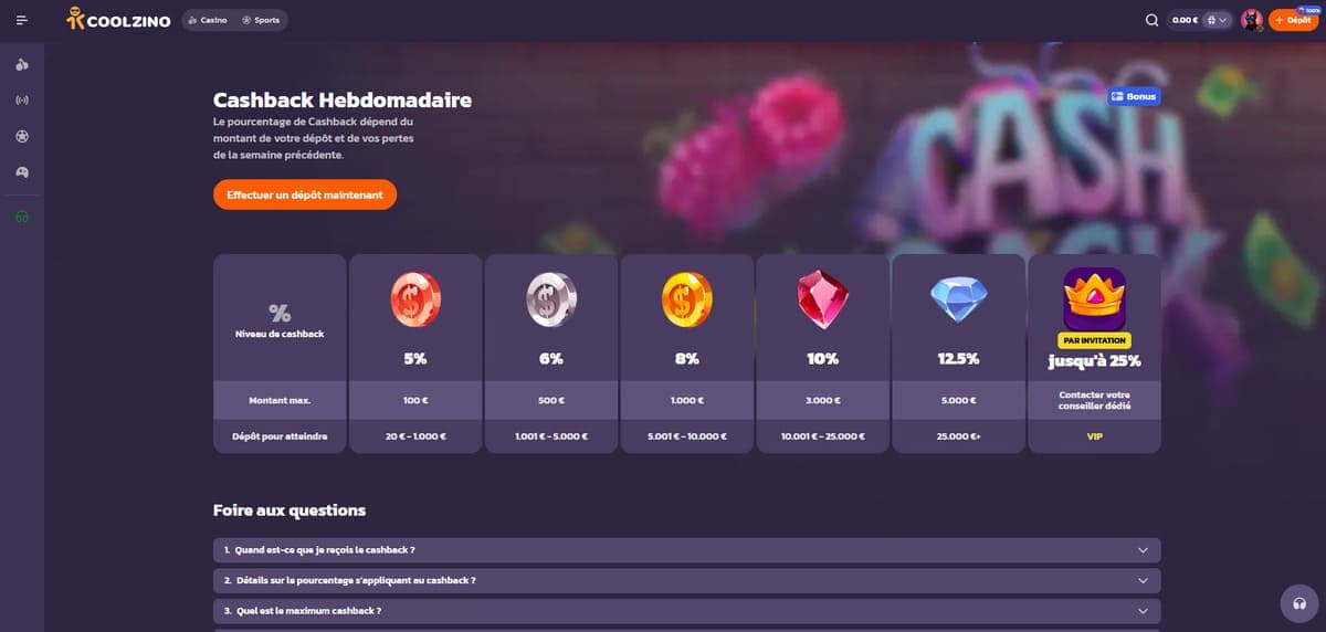 Cashback hebdo Coolzino Casino