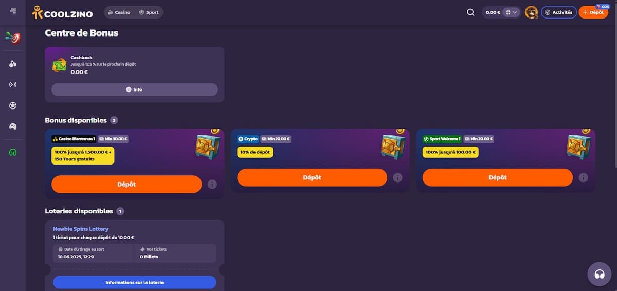 Centre bonus Coolzino Casino