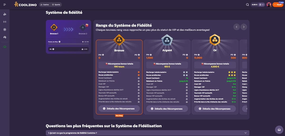 Fidélité Coolzino Casino