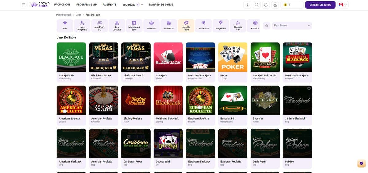Jeux de table CrownSlots Casino