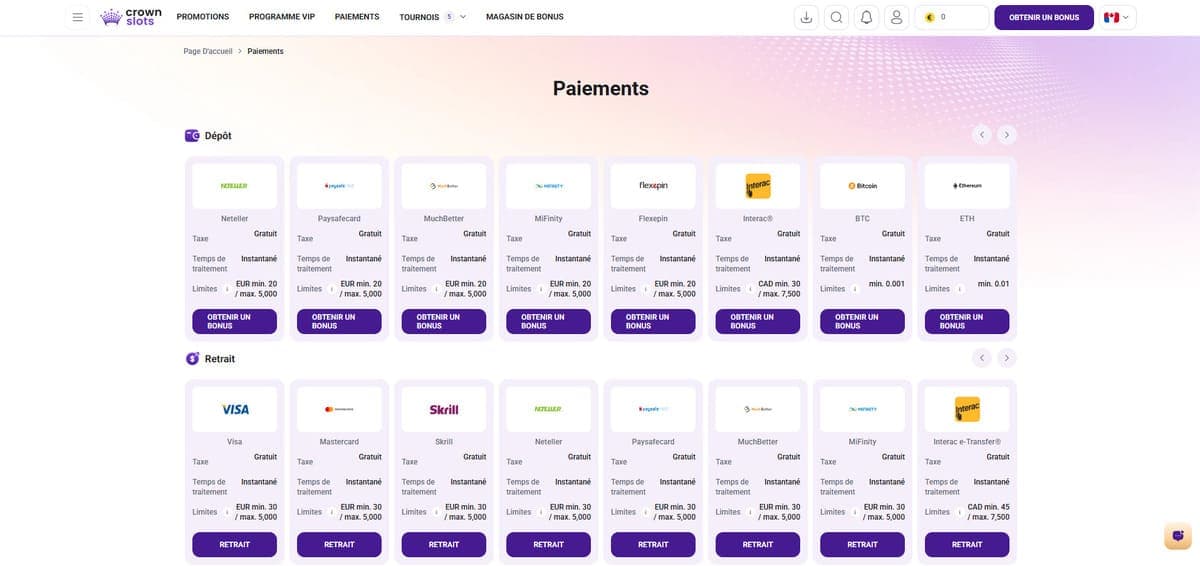 Paiements CrownSlots Casino
