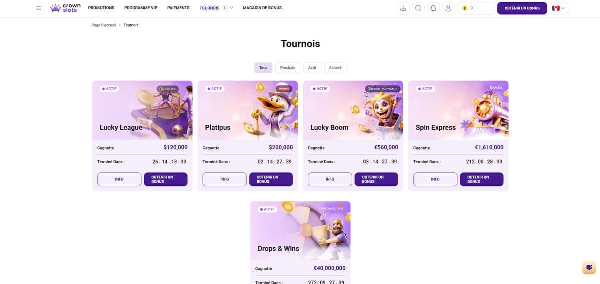 Tournois CrownSlots Casino