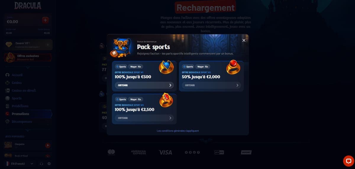 Bonus bienvenue sport Dracula Casino