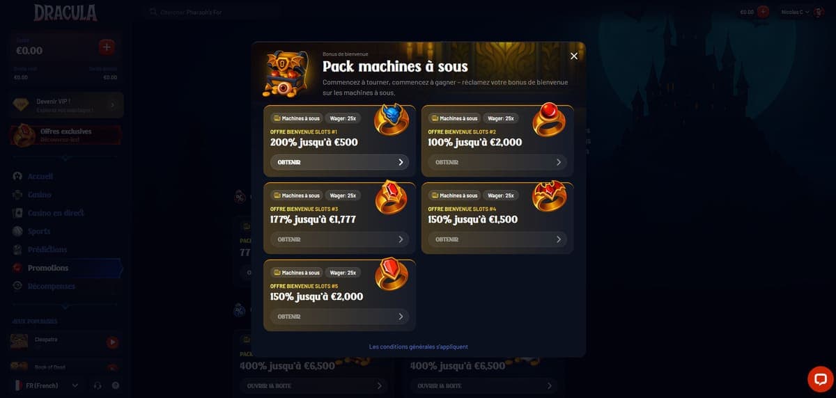 Bonus bienvenue Dracula Casino