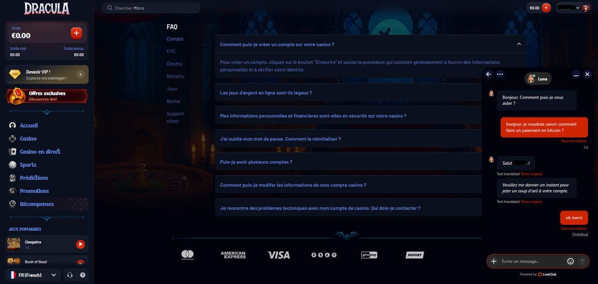 Support client Dracula Casino