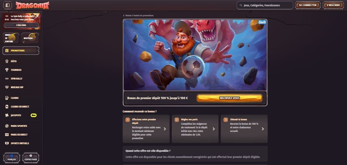 Bonus premier dépôt Dragonia Casino