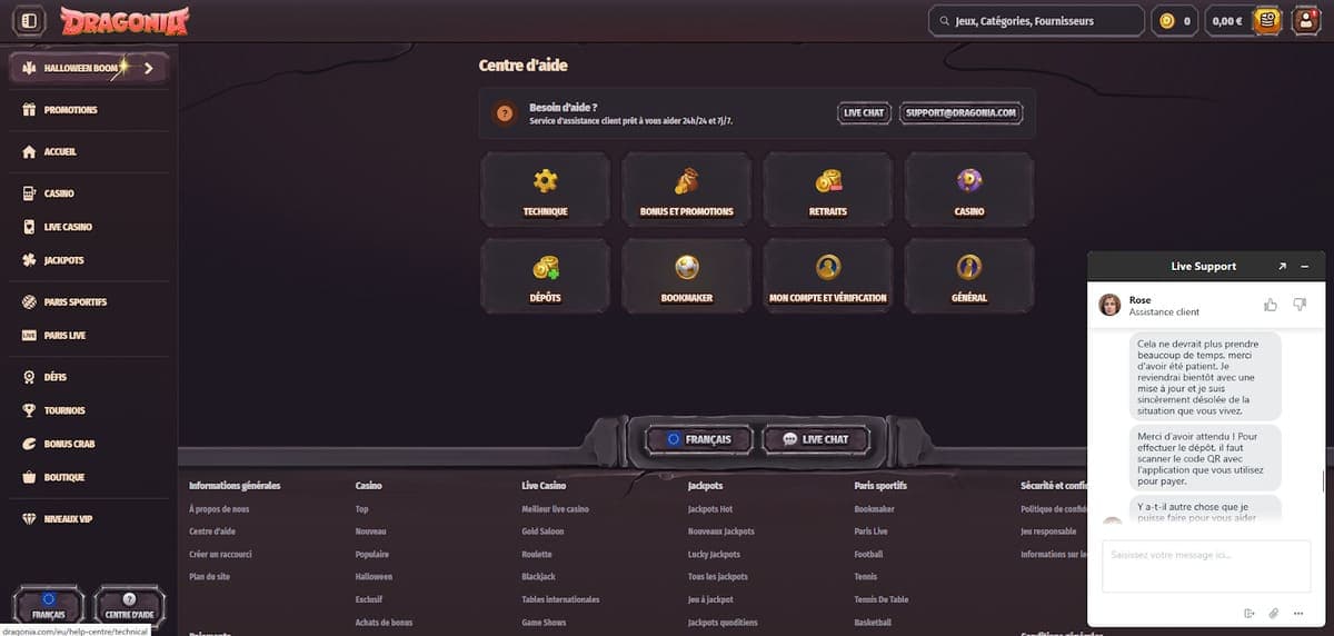 Service client Dragonia Casino