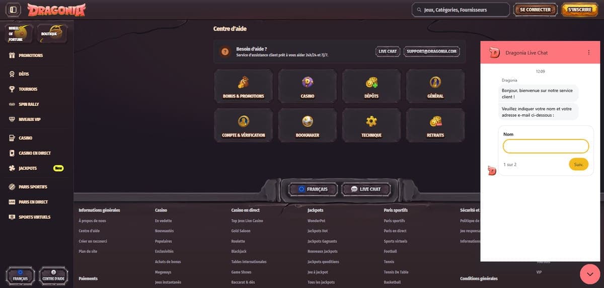 Support client Dragonia Casino